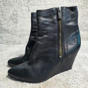 Frye Wedge Ankle Boots Black Leather Pointed Toe Side Zip Womens 7M UNIQUE